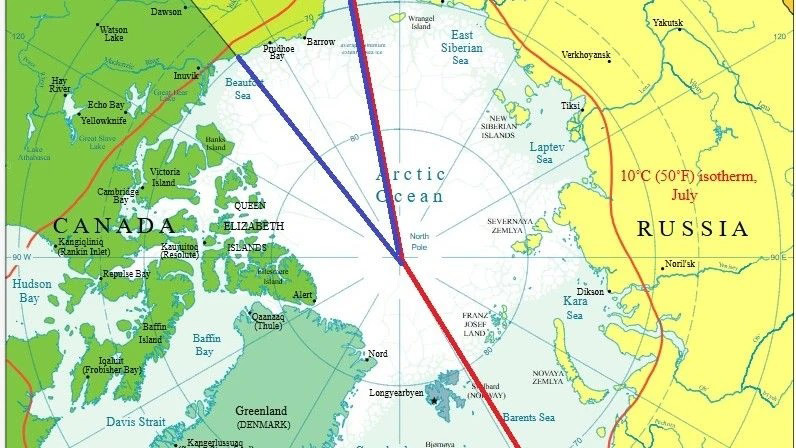 Американський (зверху ліворуч) і російський (праворуч) сектори Арктики