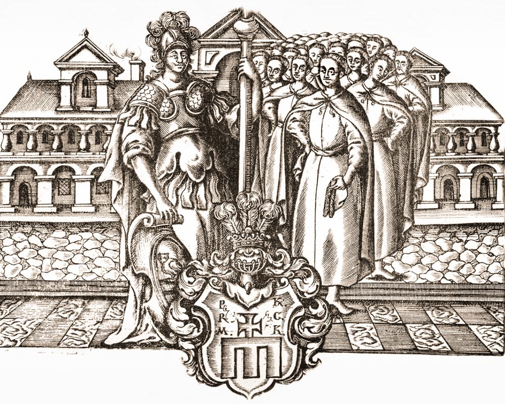 Фрагмент тези на честь Прокопія Калачинського –  спудеї на тлі Мазепинського корпусу Київської академії