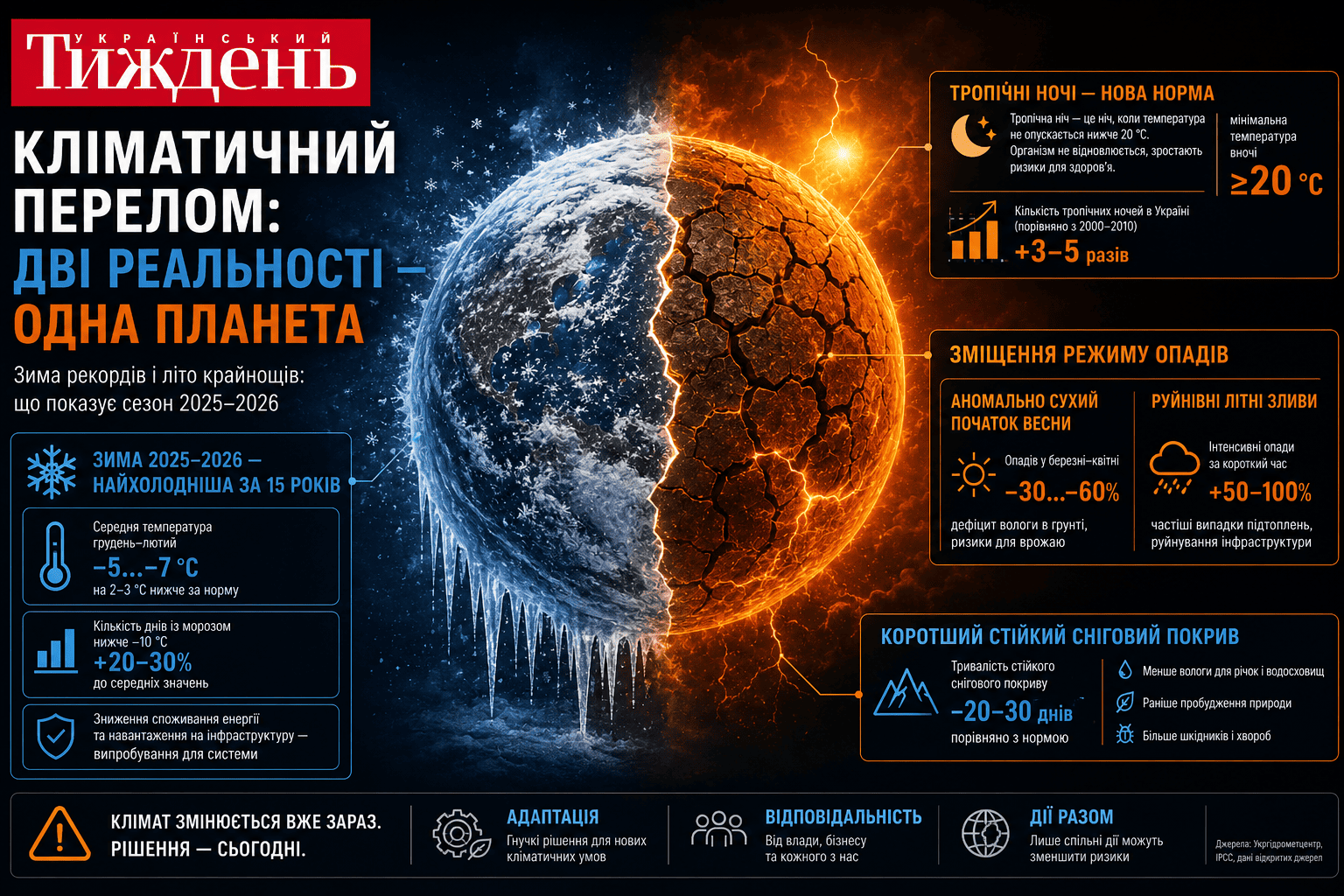 Кліматичний перелом: як екстремальні температури, тропічні ночі та зміна режиму опадів формують нову кліматичну реальність України. Ілюстрація: Петро Катеринич